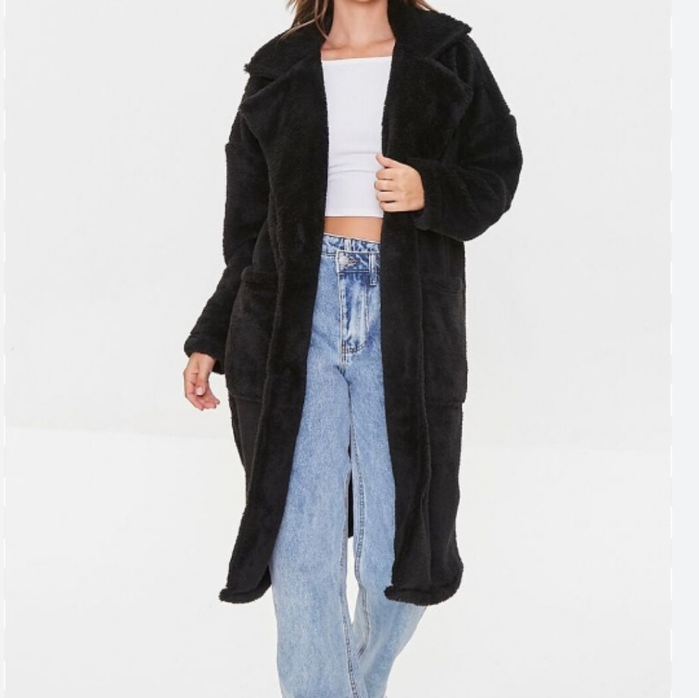Black Teddy Coat Fuzzy Fur Fleece Lapel Open Front Long Cardigan Coat, XS